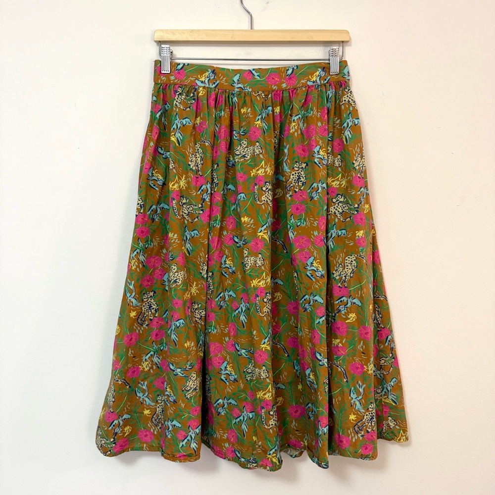 Tiny Tassel Cotton Midi Skirt Leopard Floral Print Brown Pink Women’s Medium